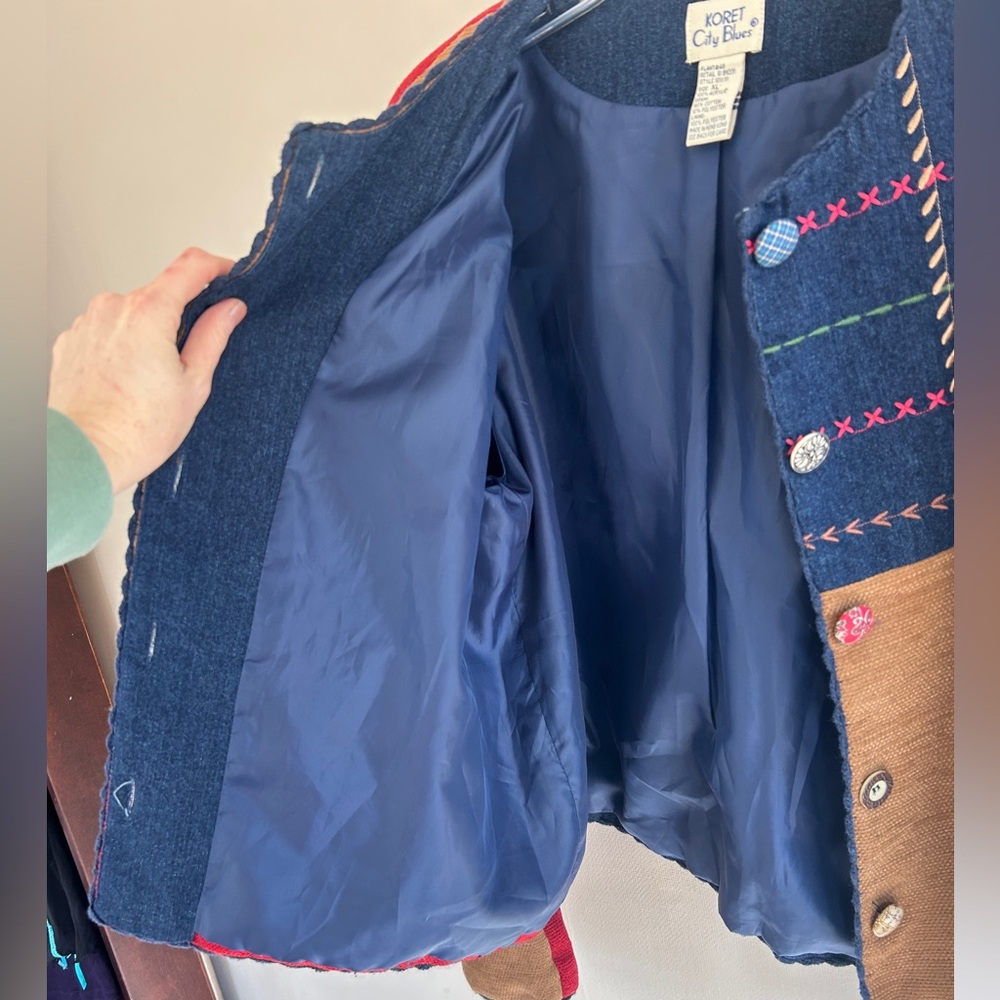 Vintage 90s Artsy Patchwork Novelty Embroidered Statement Jacket Whimsy Boho XL - Picture 5 of 15
